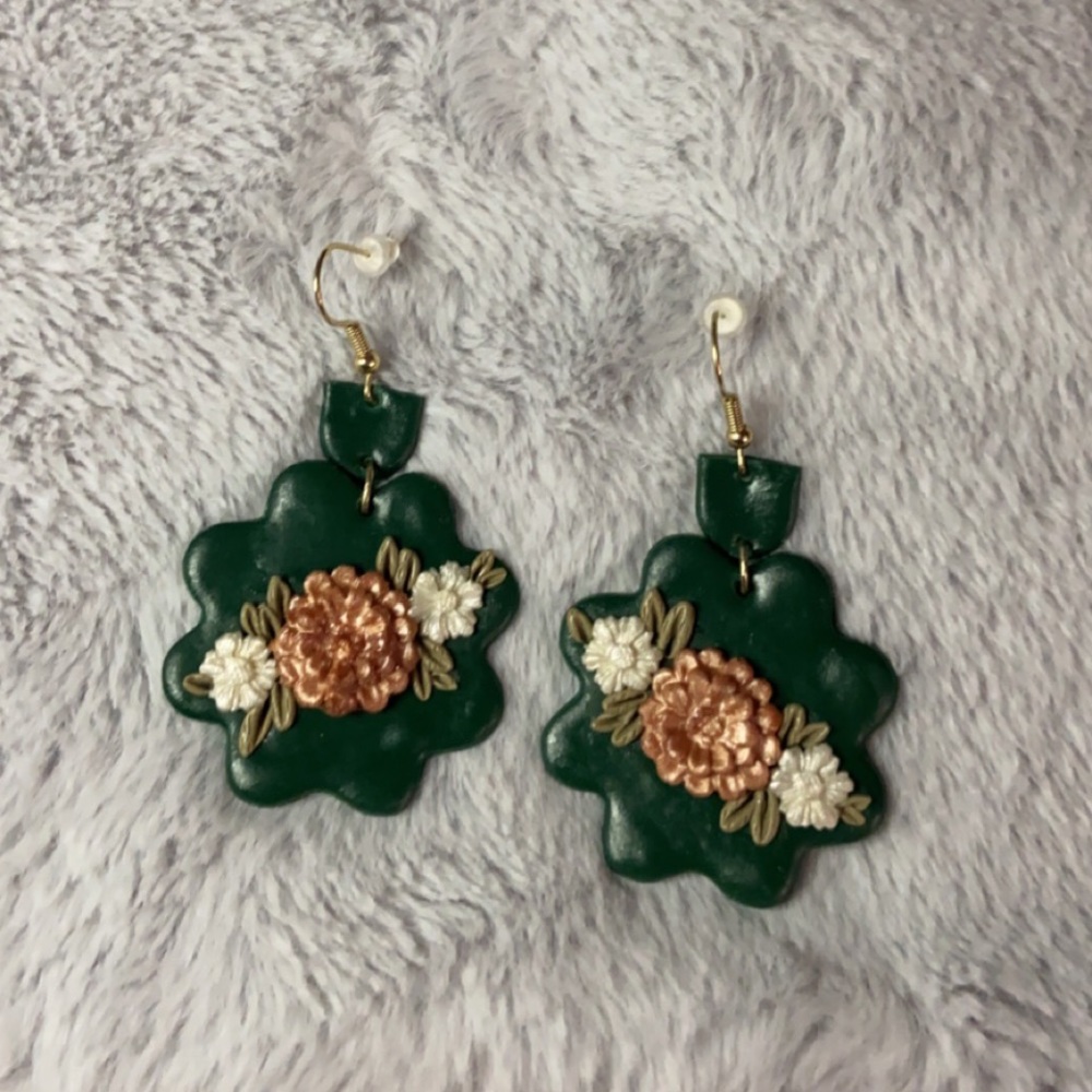 Handmade Emerald Polymer Clay Floral Earrings